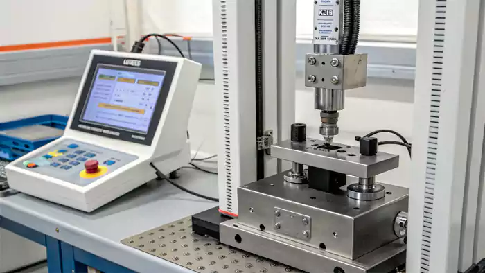 A universal testing machine (UTM) performing a tensile test on a specimen