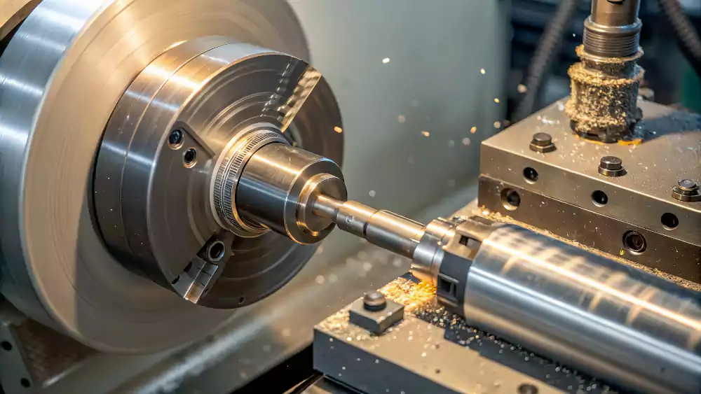 A metal part being shaped on a CNC lathe.