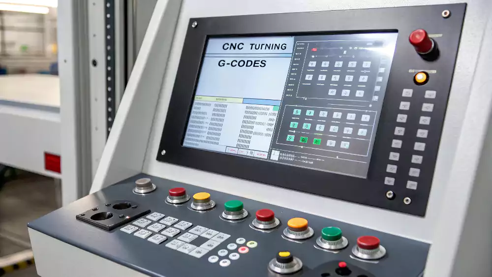 A CNC lathe control panel with G-code displayed.