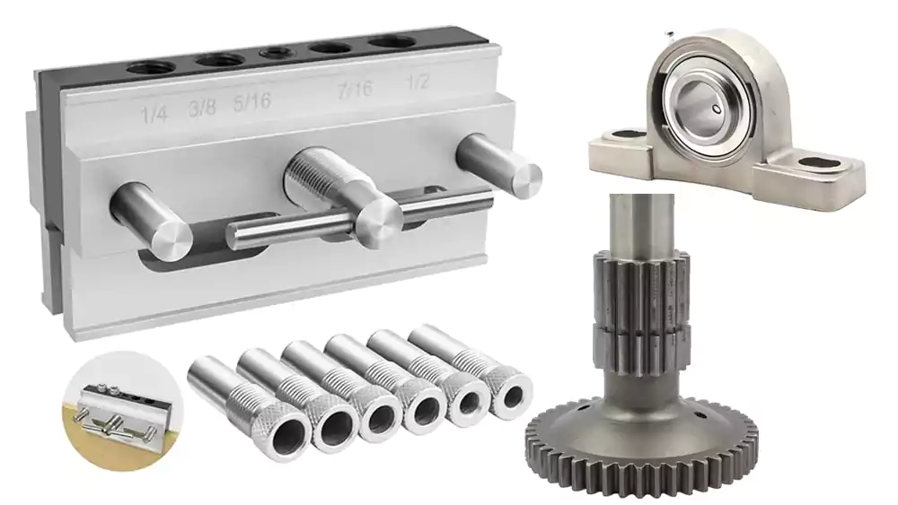 A collage showing a bearing pressed into a housing, a gear on a shaft, and dowel pins in a fixture