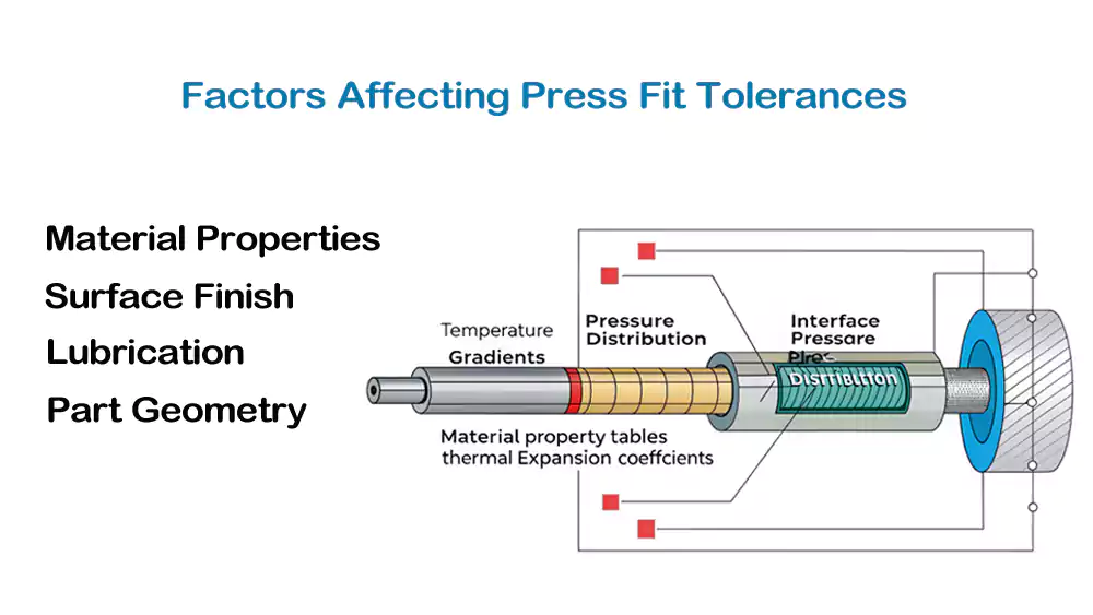 A diagram showing forces and variables affecting a press fit, like temperature, surface finish, and material elasticity