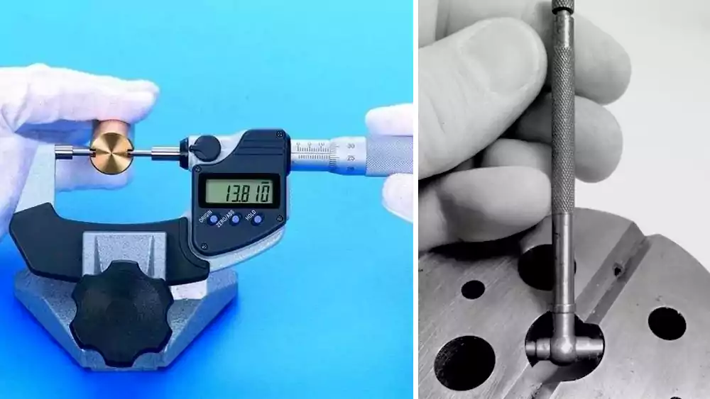 A quality inspector using a micrometer to measure a shaft and a bore gauge to measure a hole