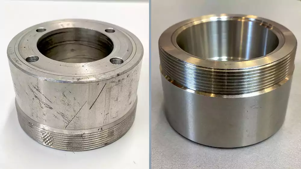 A comparison of a rough-cut part and a finished, smooth part.