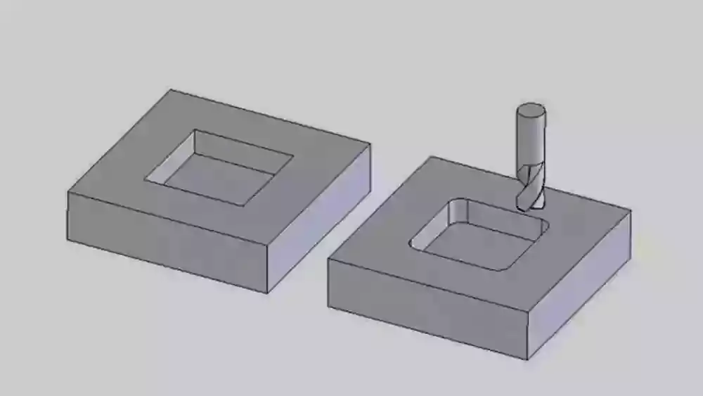 An image showing a design with a sharp internal corner vs. a radiused internal corner.