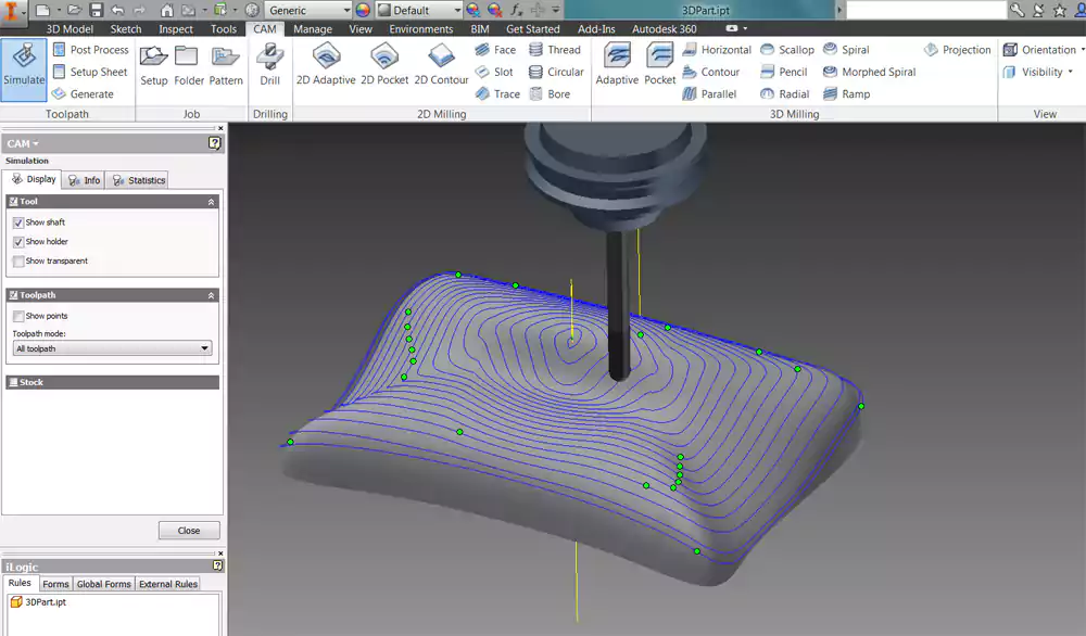 A computer screen showing CAM software generating a toolpath around a 3D model.