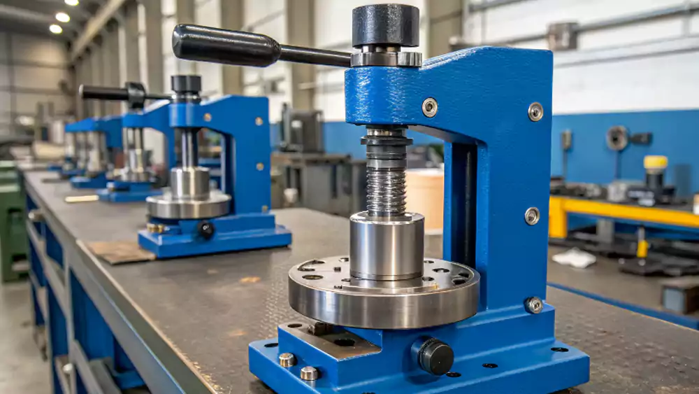 An image of a bearing being pressed into a metal housing with an arbor press