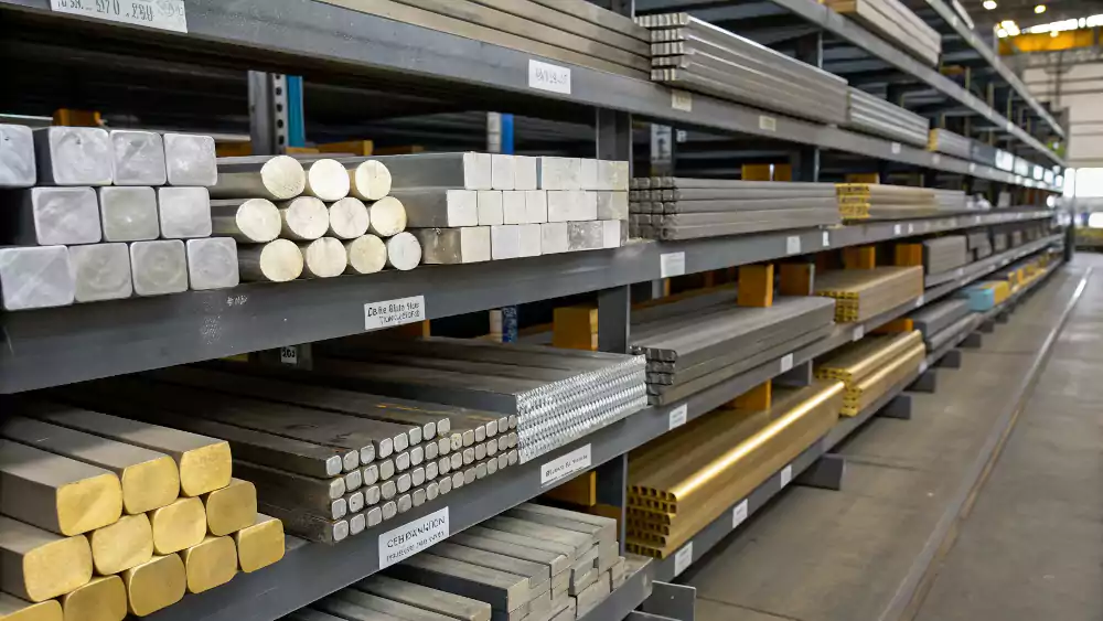 A collection of raw material bars: aluminum, steel, brass, and plastic.