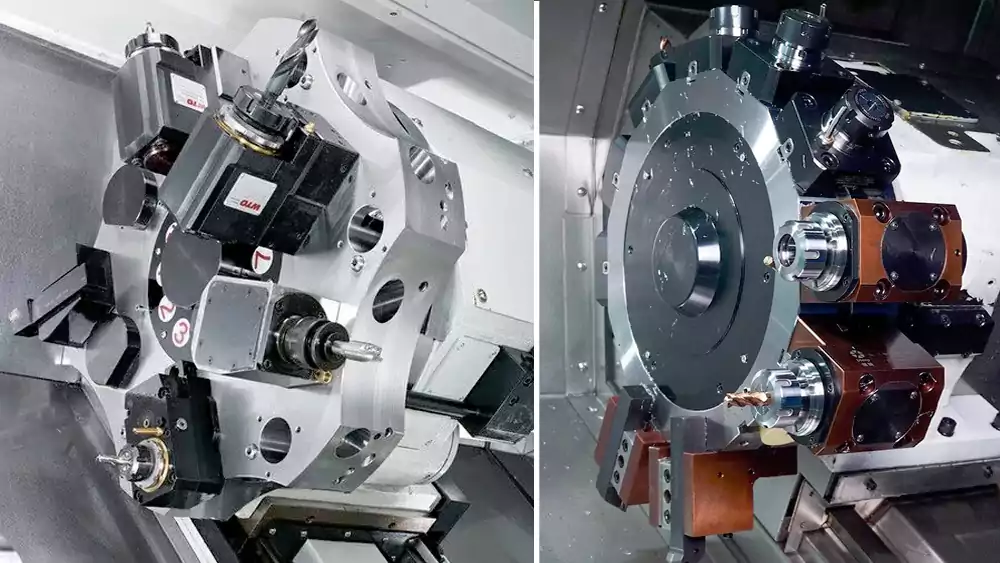 A close-up of a CNC lathe's turret holding multiple cutting tools.