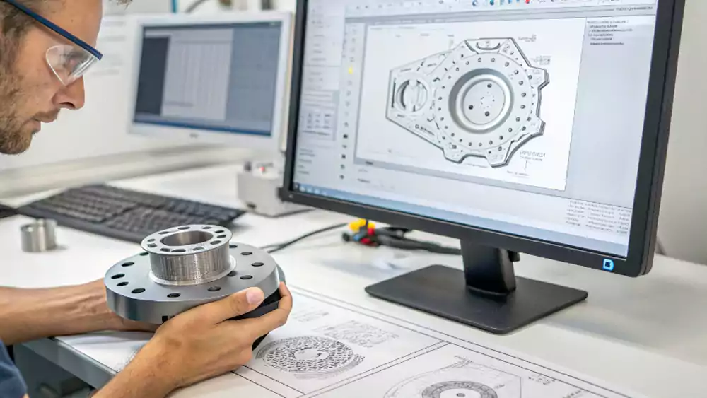 An engineer holding a 3D printed prototype next to a computer screen showing the 3D CAD model