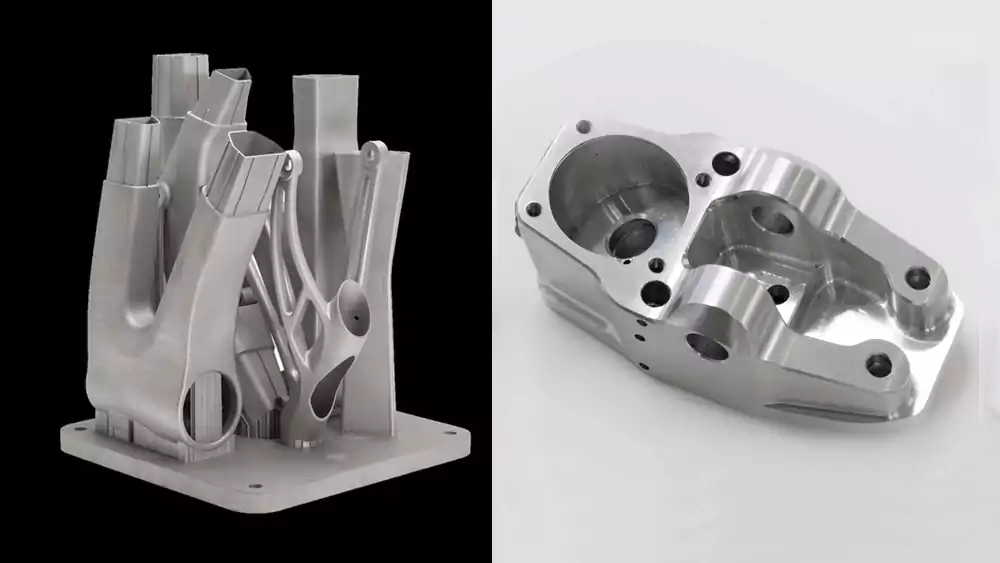 A split image showing a complex 3D printed part on one side and a high-precision CNC machined part on the other