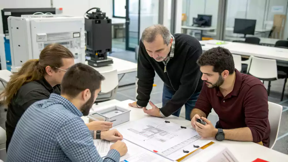 A team of engineers discussing and inspecting a physical prototype in a design meeting