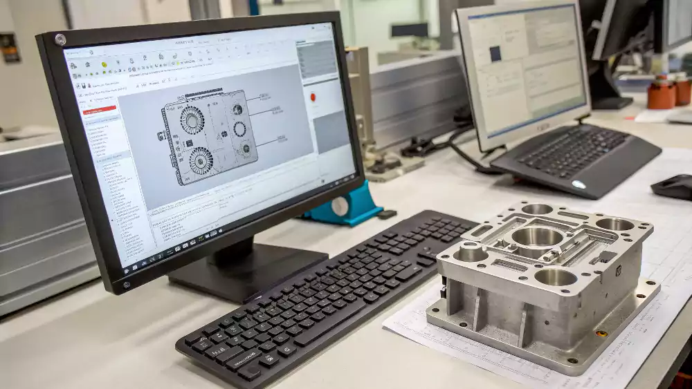 An image showing a part being optimized in CAD, for example, by hollowing it out to reduce material use