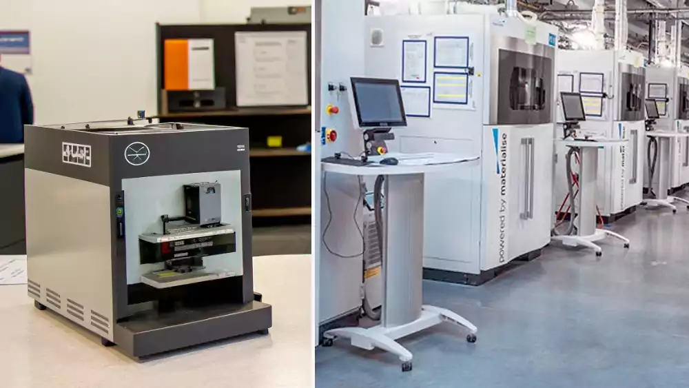 A split image showing a small in-house 3D printer vs. a large, industrial machine at an outsourced service provider