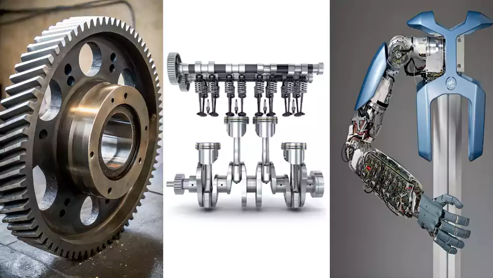 A collage showing a large industrial gear, an automotive crankshaft, and a robotic arm joint, all made of steel