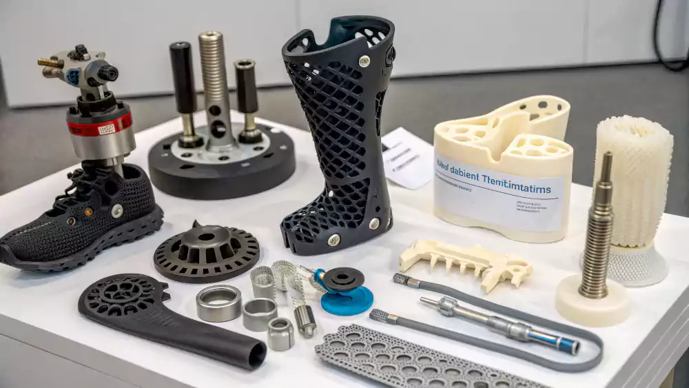 A collage of prototypes from different industries: a medical implant, an automotive part, and a robotic gripper
