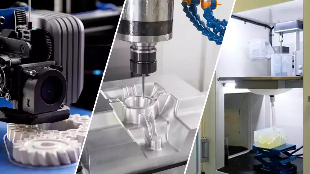 A collage of different rapid prototyping methods: a 3D printer, a CNC mill, and a vacuum casting setup