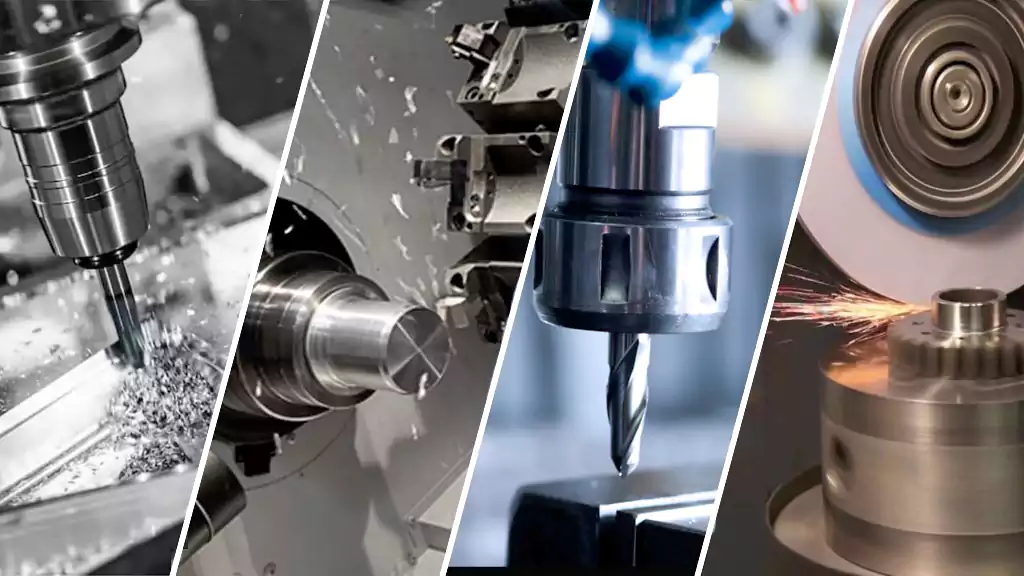 A collage of images showing four processes: a CNC mill, a CNC lathe, a drill bit, and a surface grinder working on steel