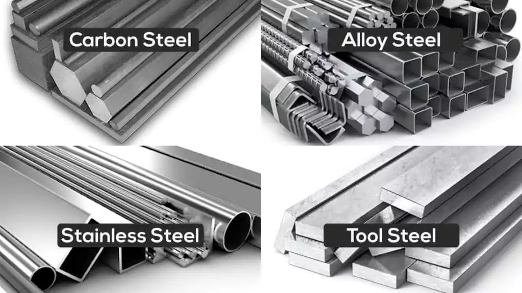 An image showing four distinct pieces of metal labeled Carbon, Alloy, Stainless, and Tool Steel