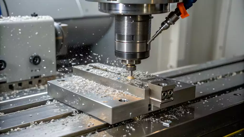 A CNC machine easily cutting a part from 12L14 free-machining steel, showing small, broken chips