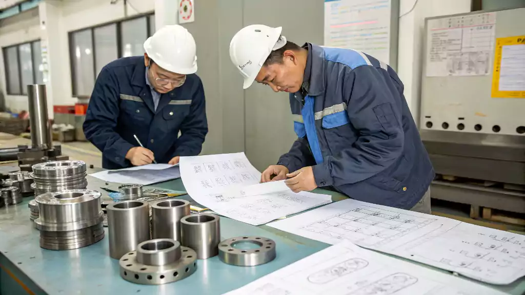 An engineer carefully considering different steel samples against a technical drawing