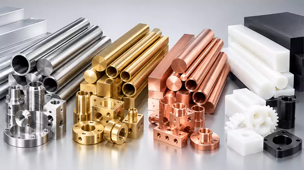 Common CNC machined materials including aluminum stainless steel brass copper and plastics