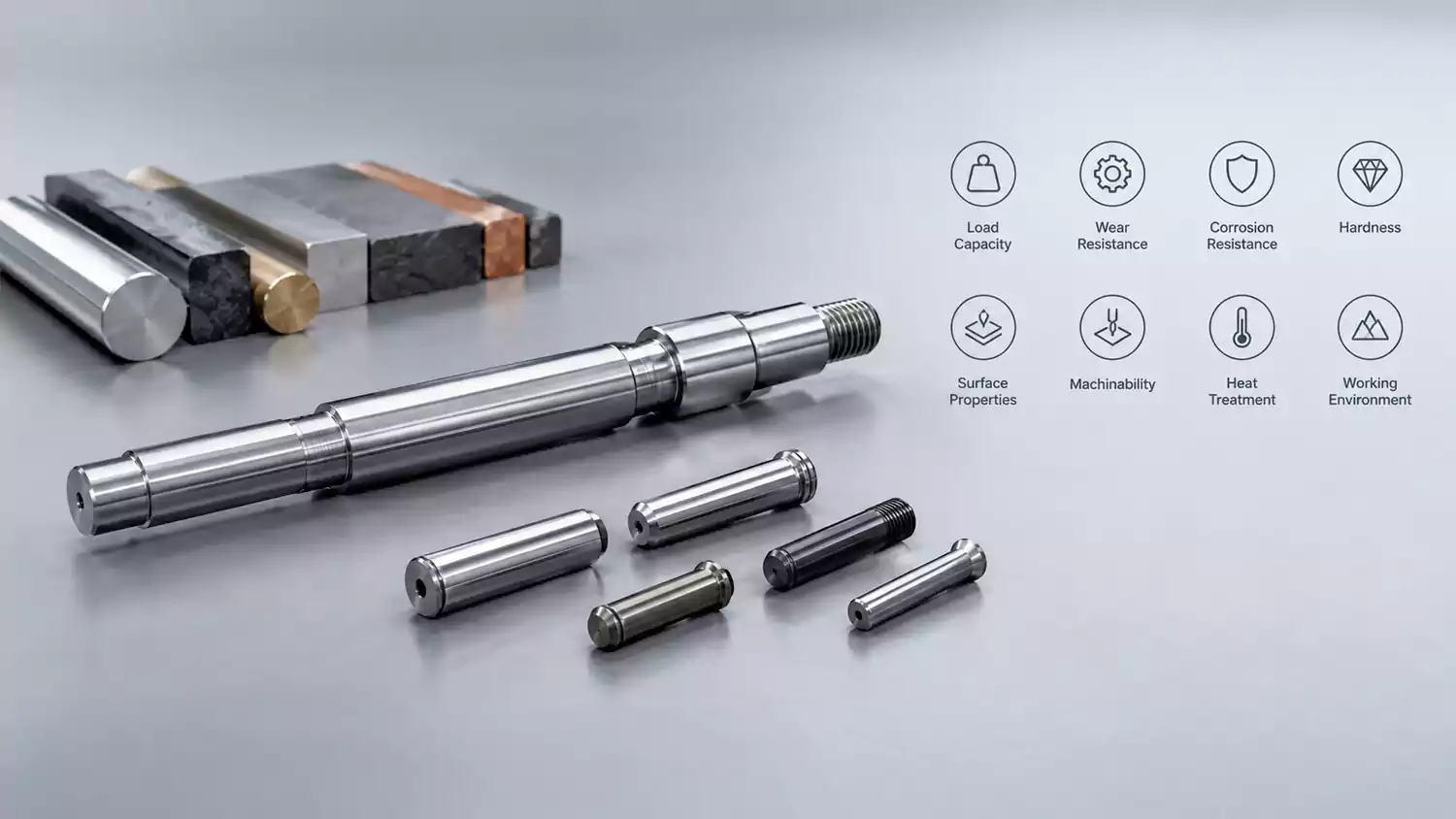 Material selection for shafts and pins based on load and wear requirements
